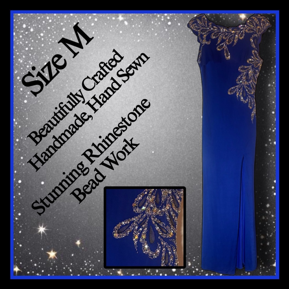 stunning form fitting CUSTOM blue with rhinestone accents prom DRESS size M
